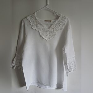 Vanessa Alexandra Made In Italy White Linen  Crochet V-Neck & Sleeve Tunic SzM